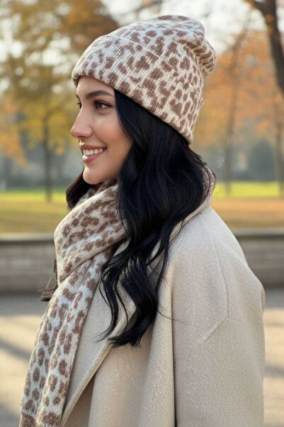 Trenderrs Women's Premium Leopard Patterned Scarf Beanie Set of 2