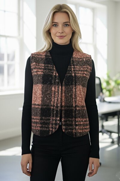 Chiccy Italian Black-Pink V-Neck Sleeveless Plaid No Closure Thick Casual Acrylic Woven Vest 64 54