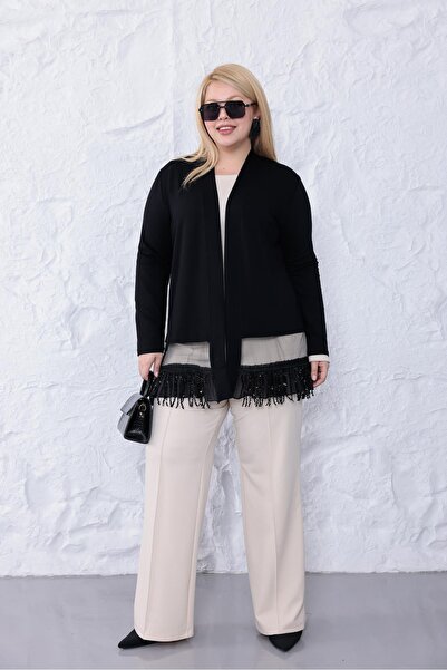 Siyezen Plus Size Hem Sequin Embroidered Tassel Cardigan