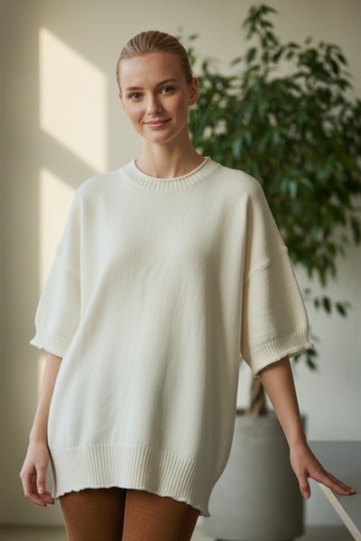 Chiccy Italian Cream Color Crew Neck Short Sleeve Casual Acrylic Wide Cut O Oversized Knitwear Sweater 73 65