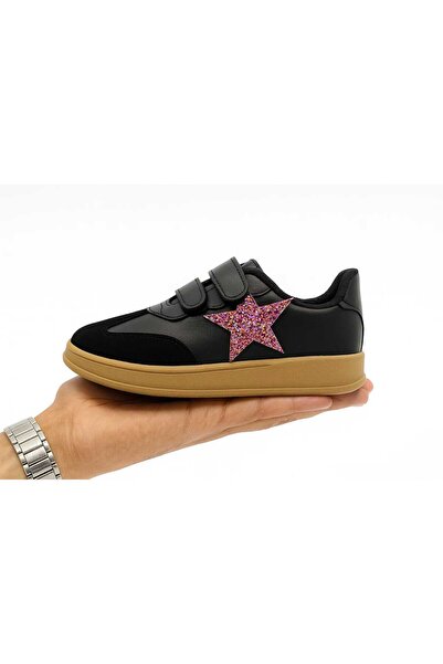 lias desing Pink Sequin Star Detail Black Rubber Sole Look Strappy Kids Sports Shoes Sneaker