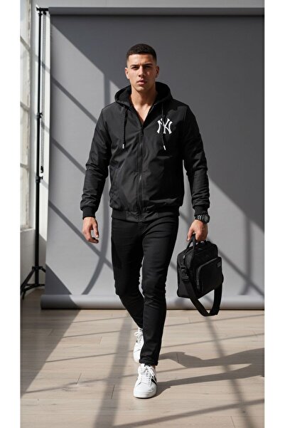 Plus Scorpion Casual Hooded Jacket in Black, With Zipper and NY-Style Sporty Print.