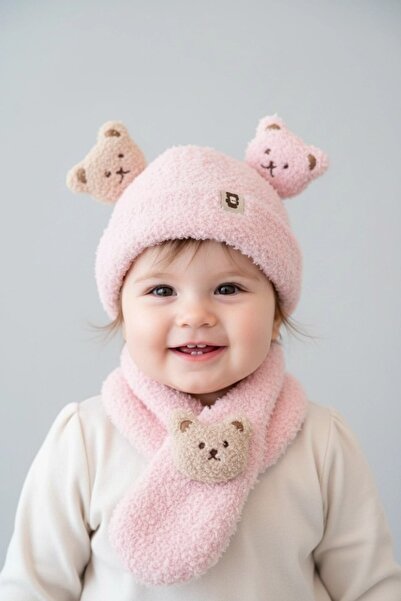 gigigiyim Teddy Bear Patterned Children's Beanie and Scarf Set