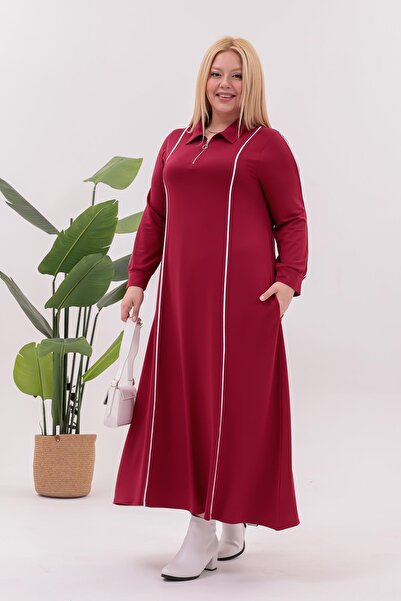 Siyezen Plus Size Striped Detail Polo Neck Dress