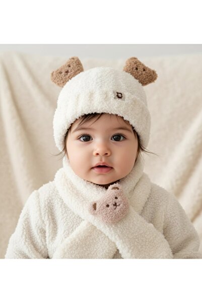 gigigiyim Teddy Bear Patterned Children's Beanie and Scarf Set