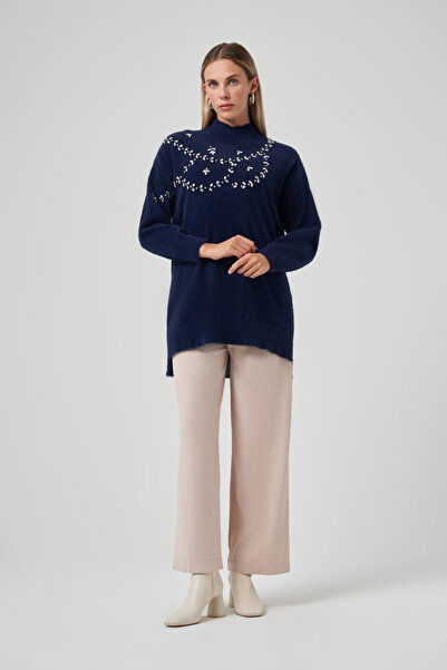 Nuss Stone Detail Angora Sweater Tunic 7002 Navy Blue