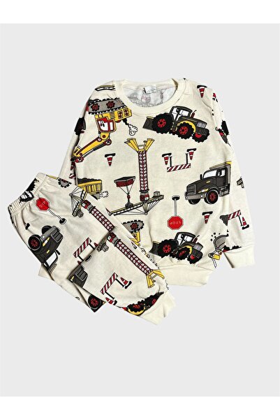 ALİŞ KİDS Boys' Cotton Fleece-Lined Cream-Colored Workwear Patterned Long-Sleeved Winter Pajama Set