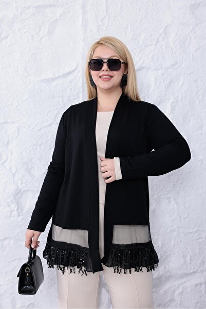 Siyezen Plus Size Hem Sequin Embroidered Tassel Cardigan