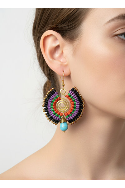 pivok El Yapımı Bohem Makrome Küpe - Renkli İp Örgü Spiral Tasarım Turkuaz Ta...