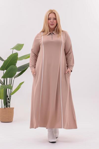 Siyezen Plus Size Striped Detail Polo Neck Dress