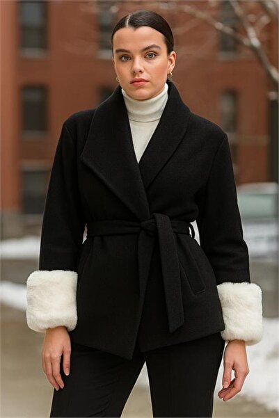 Neşeli Butik Women's Ecru Plush Fur Sleeves