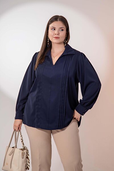 Roxxlen 1212089 Γυναικεία μπλούζα με πιέτες μεγάλου μεγέθους Ναυτικό μπλε