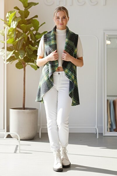 Chiccy Italian Black-Green Shawl Collar Sleeveless Plaid Without Closure Thick Acrylic Long O Oversized Woven Vest 85 68