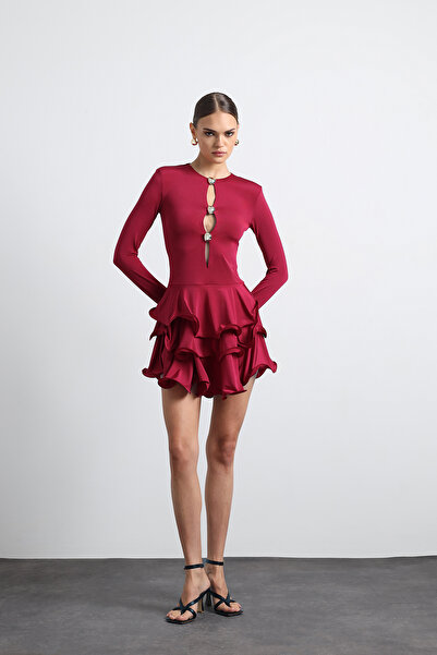 Mozto Julisse Burgundy Long Sleeve Mini Dress with Accessories