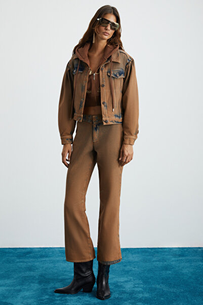 ETHIQUET Marquesha Jachetă maro de cowboy pentru femei, cu mâneci bufante, spălată antică, crop