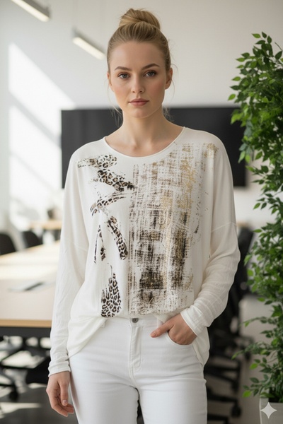 Chiccy Italian Ecru Pool Neckline Long Sleeve Thin Varak Ba Printed Asual Angora Ov Oversized Riko Blouse 68 76