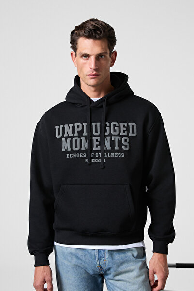 GRIMELANGE Cassian Men's Black Sweatshirt with Flared Front Printed Hooded Drawstring Kangaroo Pocket