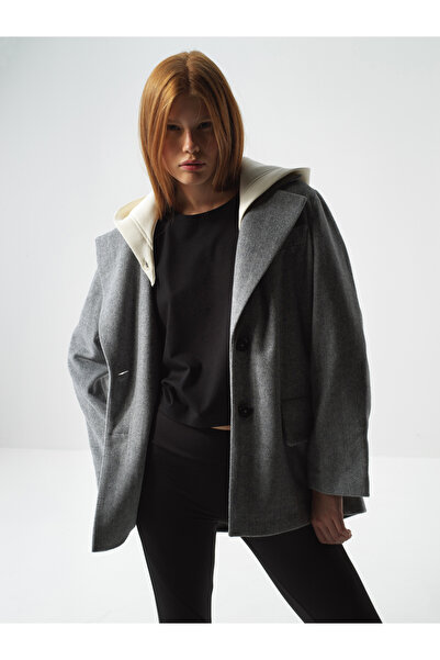 Xint Kadın Gri Doğal Yün Dokulu Oversize Ceket