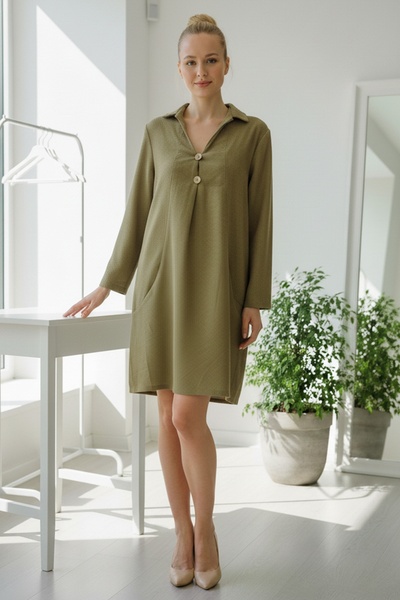 Chiccy Italian Mustard Color Shirt Collar Long Sleeve Buttoned Pocketed Slim Fi Corded Fabric Adife Woven Dress 100 55