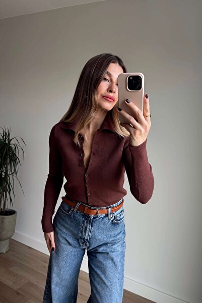 Sue Store Brown Button Front Shirt Collar Sweater