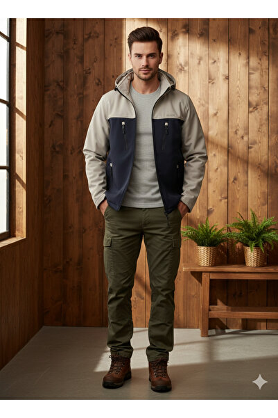 wishne Erkek Kapüşonlu Softshell Mont – Su ve Rüzgar Geçirmez BEJ-LACİVERT