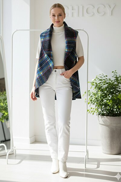 Chiccy Italian Black-Blue Shawl Collar Sleeveless Plaid Without Closure Thick Acrylic Long O Oversized Woven Vest 85 68