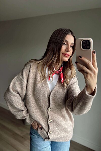 Sue Store Μπεζ ζακέτα με κουμπιά oversized με υφή μαλλί