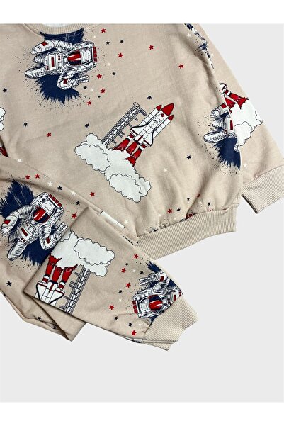 tusem butik homewear Boy's Cotton Fleece-Lined Beige Color Astronaut Missile Patterned Long Sleeve Winter Pajama Set