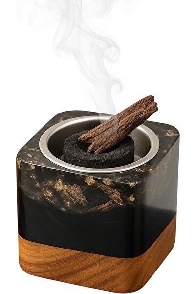VENDIX Luxury Incense Burner, Black Marble and Wood Design, Traditional Bakhoor and Oud Holder