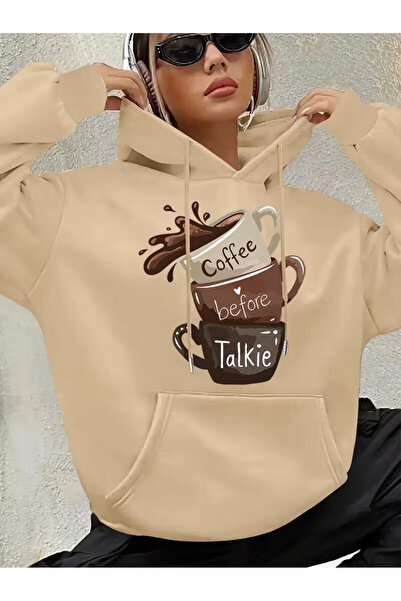 Trendy Sun Coffee Before Talkie” cu imprimeu hanorac casual cu glugă sweatshi...