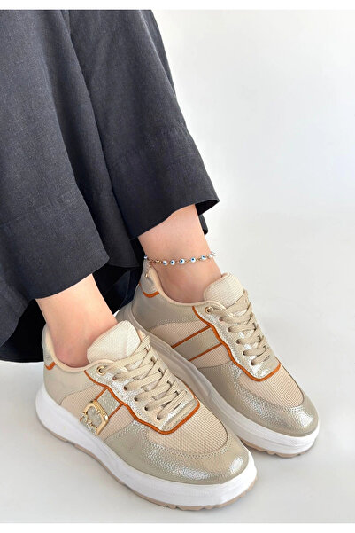 ALFA AKSESUAR 03 Tanwe Beige Leather Lace-Up Sneakers