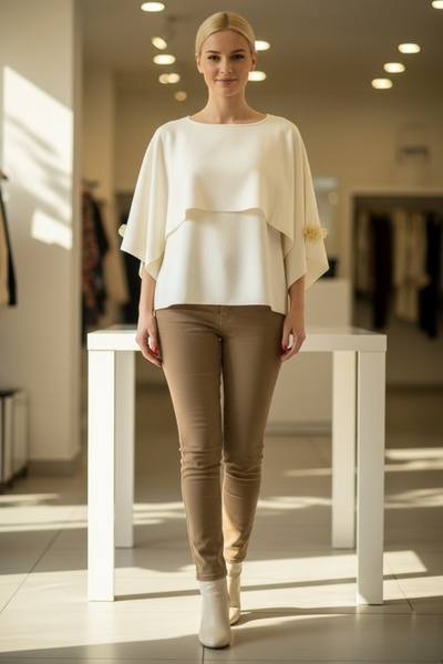 Chiccy Italian Cream Color Boat Neck Handkerchief Sleeve Casual Acrylic Knitwear Sweater 55 60