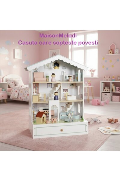indiggo MaisonMelodi Wooden Dollhouse with Audio Story, 3 Floors, Figurines, Furniture, Accessories, Snow Pe