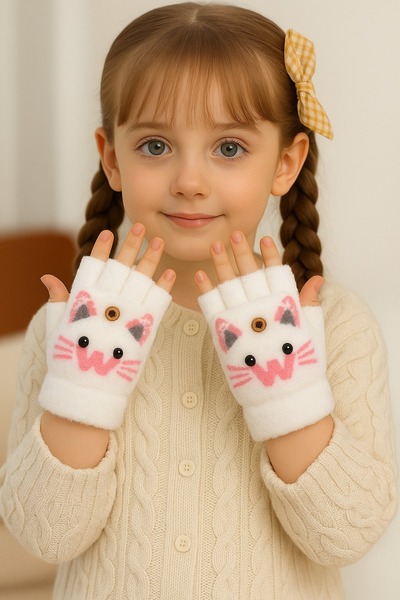 gigigiyim Girl's Plush Fingerless Gloves with Cat Pattern Cover