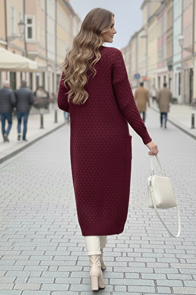benguen Patterned Long Knit Cardigan with Pockets R4278 Burgundy