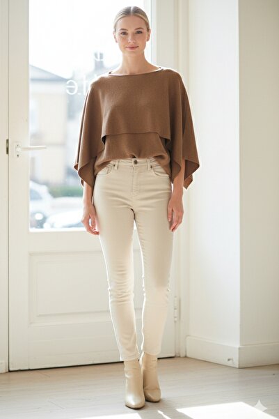 Chiccy Ιταλικό πουλόβερ από ακρυλικό πλεκτό με μανίκια με λαιμόκοψη καφέ γαλακτώδες 55 60