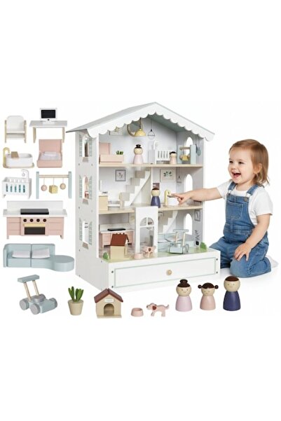 indiggo MaisonMelodi Wooden Dollhouse with Audio Story, 3 Floors, Figurines, Furniture, Accessories, Snow Pe