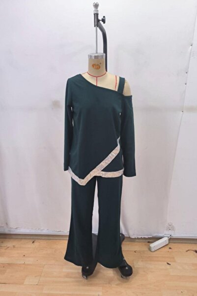 Mossta Asymmetrical Off-Shoulder Sequin Detailed Imported Crepe Blouse and Pants Two-Piece Set - Green