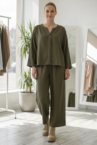 Chiccy Italian Khaki Long Sleeve Elastic Waist Slim Fi Corded Fabric Adife Woven Bottom Top Set 67/64 103/58