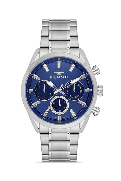 FERRO Silver Steel Band Men's Wristwatch Fm11758A-D3 All Functions Active 3 Atm Water Resistant Giftpackage