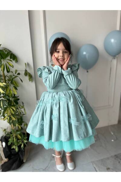 Sare Çocuk Giyim Girl's Turquoise Puffy Bow Detailed Long Sleeve Velvet Dress + Buckle