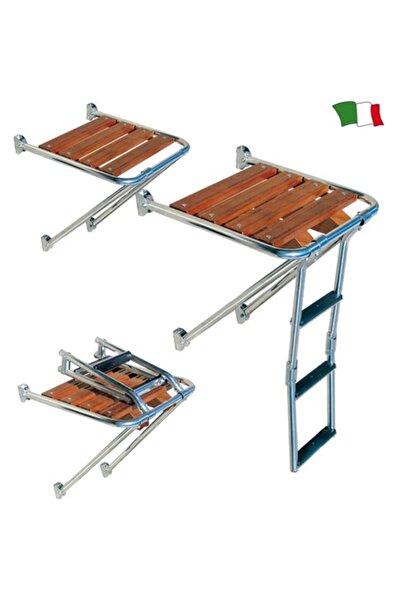 GFN Platformă din oțel inoxidabil și lemn marin pentru bărci cu scară pliabilă, 2 trepte