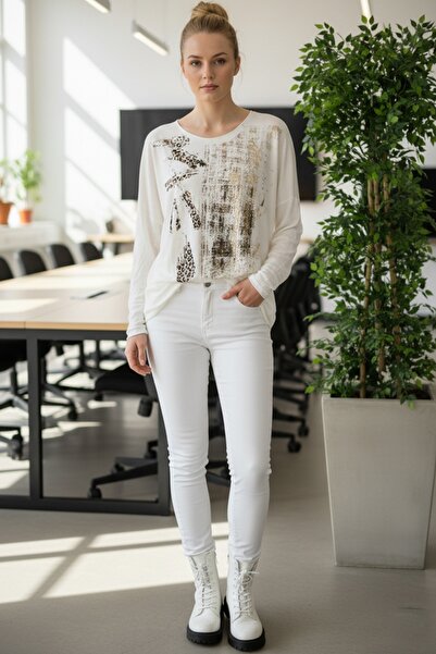 Chiccy Italian Ecru Pool Neckline Long Sleeve Thin Varak Ba Printed Asual Angora Ov Oversized Riko Blouse 68 76