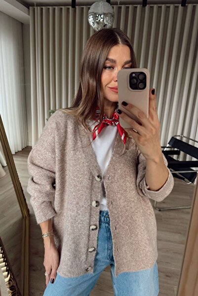 Sue Store Μπεζ ζακέτα με κουμπιά oversized με υφή μαλλί