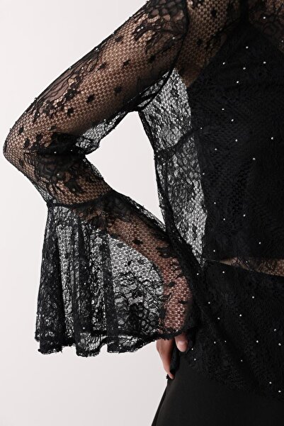 cemo Dantelli Mock Neck Long Sleeve Spanish Sleeve Stone Detailed Blouse