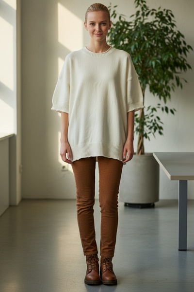 Chiccy Italian Cream Color Crew Neck Short Sleeve Casual Acrylic Wide Cut O Oversized Knitwear Sweater 73 65