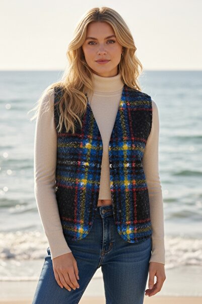 Chiccy Italian Black V-Neck Sleeveless Plaid No Closure Thick Casual Acrylic Woven Vest 64 54