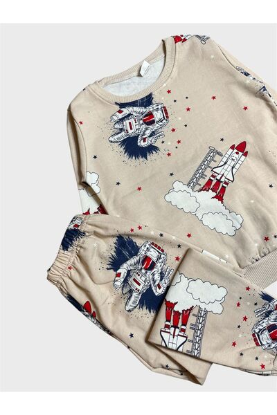 tusem butik homewear Boy's Cotton Fleece-Lined Beige Color Astronaut Missile Patterned Long Sleeve Winter Pajama Set