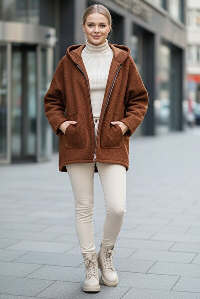 Chiccy Italian Cinnamon Color K Hooded Long Sleeve Casual Boucle O Oversized Woven Jacket with Zipper Pockets 75 80