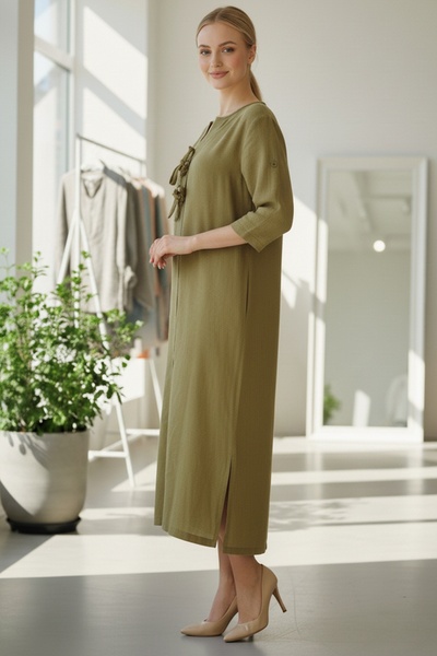 Chiccy Italian Mustard Color Buttoned 3/4 Sleeve Y Slit Slim Fi Corded Fabric Adife Long Woven Dress 120 55